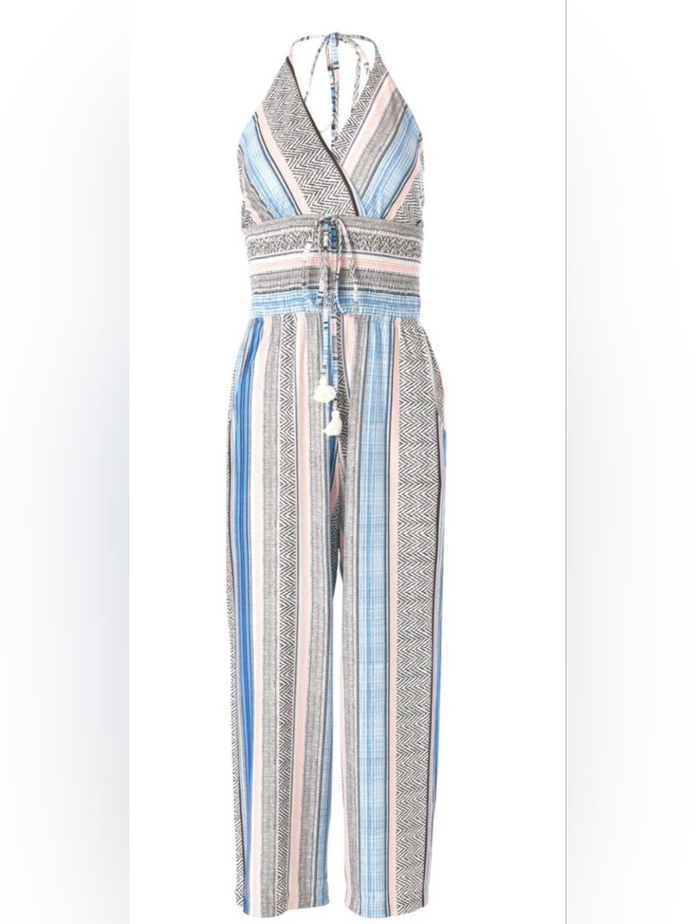NWT VENUS Multi Pattern Blue Striped Halter Jumpsuit - Picture 5 of 7